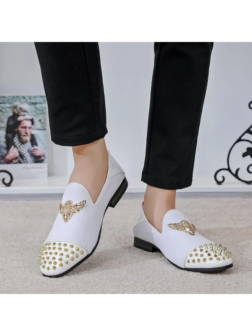 FQEQNQG Men's White Velvet Loafers Metal Buckle Shiny Slip On Classic Shoes